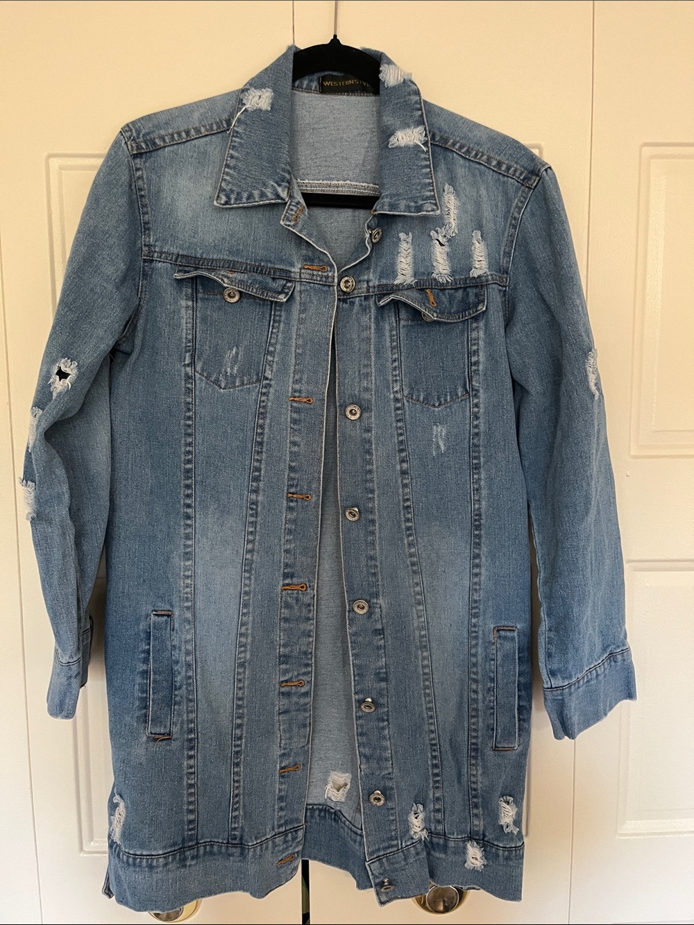 Distressed Long Light Blue Denim Jacket - Unbranded